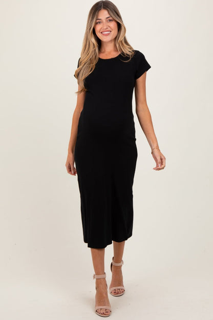 Black Basic Crewneck Maternity Midi Dress