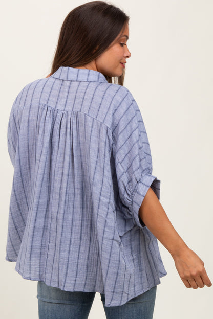 Blue Striped Collared Oversized Maternity Top