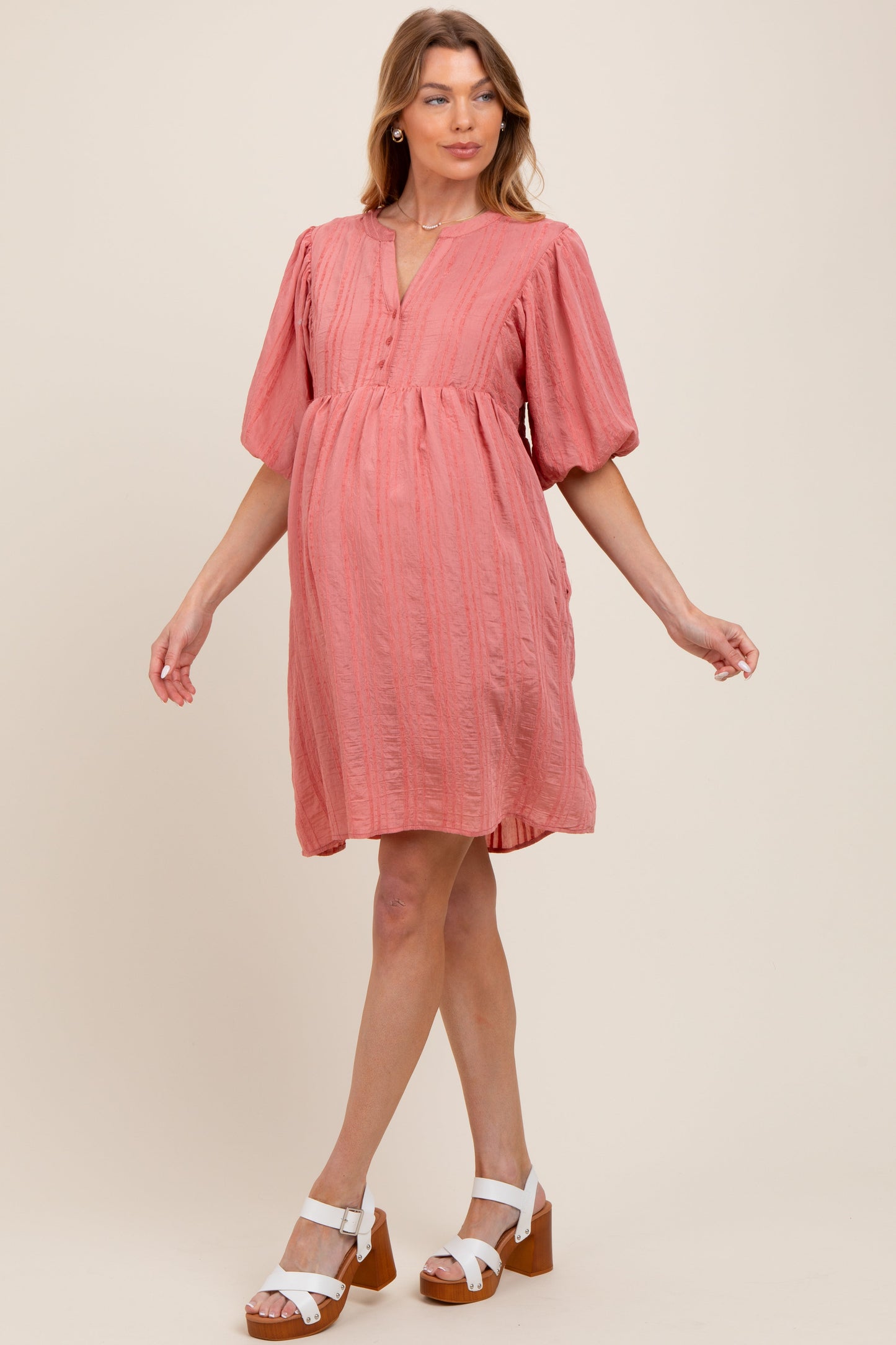 Mauve Sheer Stripe Textured Maternity Mini Dress
