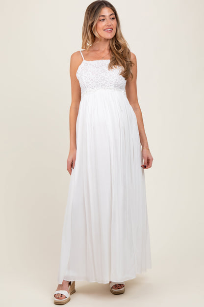 White Lace Bodice Cutout Tie Back Maternity Maxi Dress