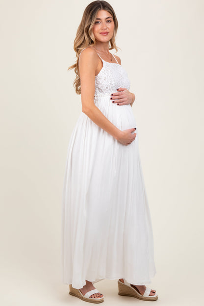 White Lace Bodice Cutout Tie Back Maternity Maxi Dress