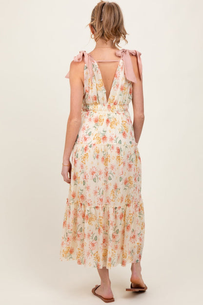 Cream Floral Shoulder Tie Deep V-Neck Tiered Maternity Maxi Dress
