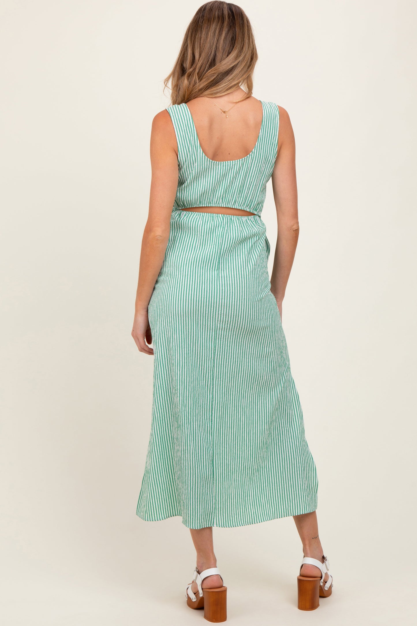 Green Striped Sleeveless Cutout Side Slit Maternity Maxi Dress
