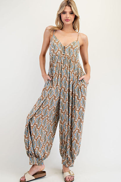 Taupe Printed Sleeveless Barrel Leg Maternity Jumpsuit