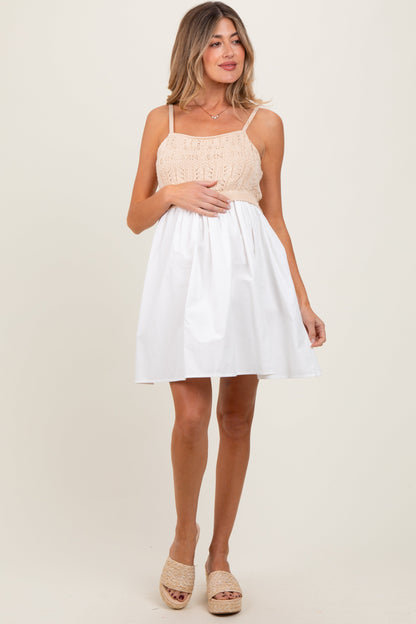 White Crochet Knit Contrast Maternity Mini Dress