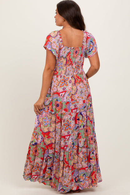 Red Floral Paisley Smocked Tiered Maternity Maxi Dress