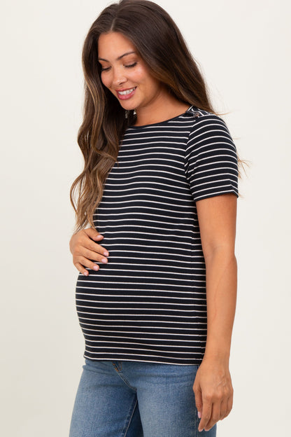 Black Pinstripe Shoulder Button Detail Maternity Top