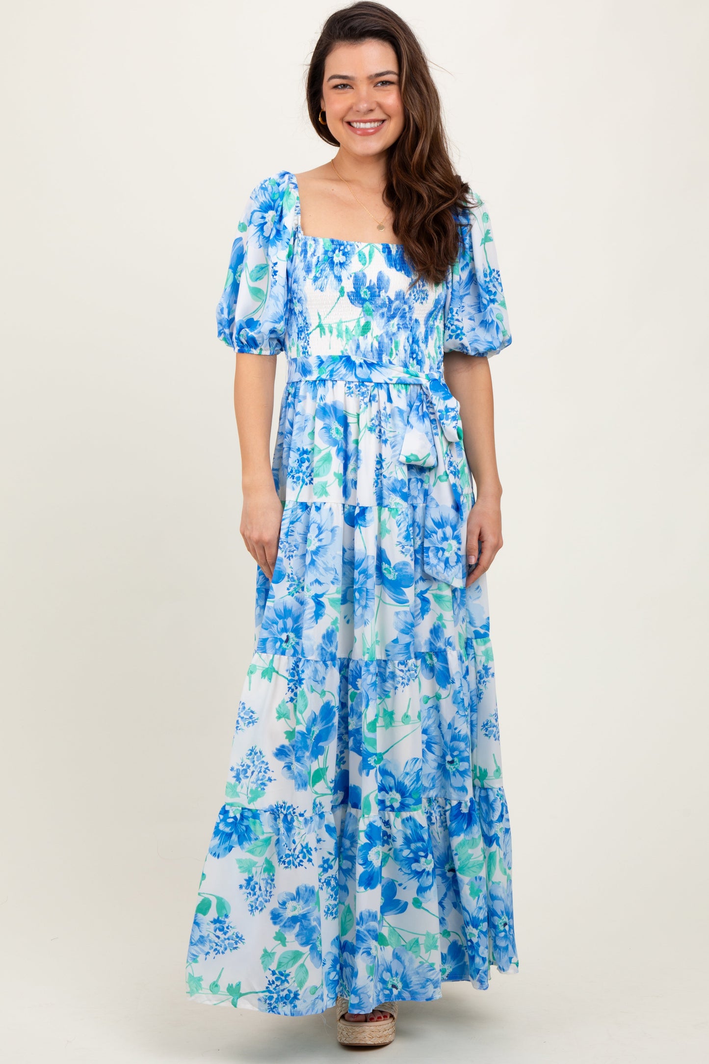Blue Floral Smocked Puff Sleeve Maternity Maxi Dress