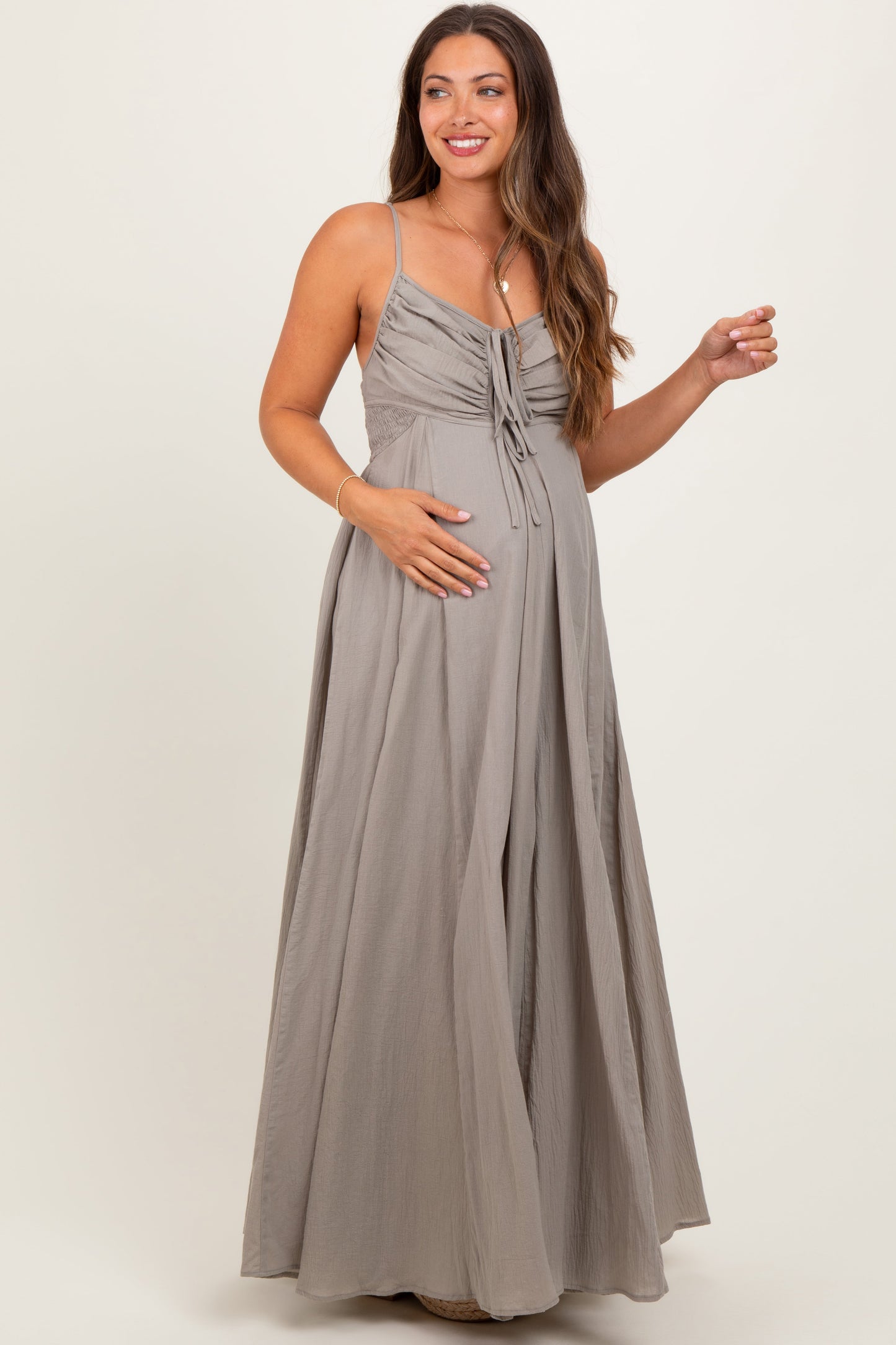 Light Olive Gathered Tie Front Maternity Maxi Dress