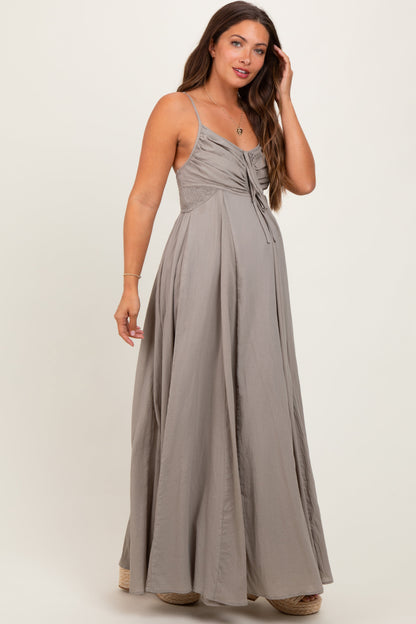 Light Olive Gathered Tie Front Maternity Maxi Dress
