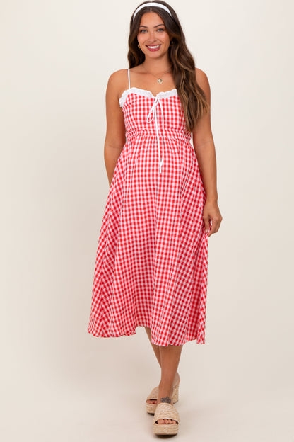 Red Gingham Smocked Trim Maternity Midi Dress