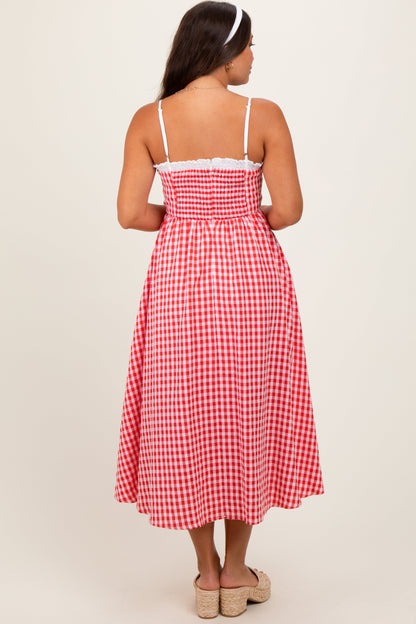 Red Gingham Smocked Trim Maternity Midi Dress