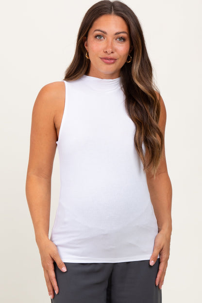 White Ribbed Sleeveless Mock Neck Maternity Top