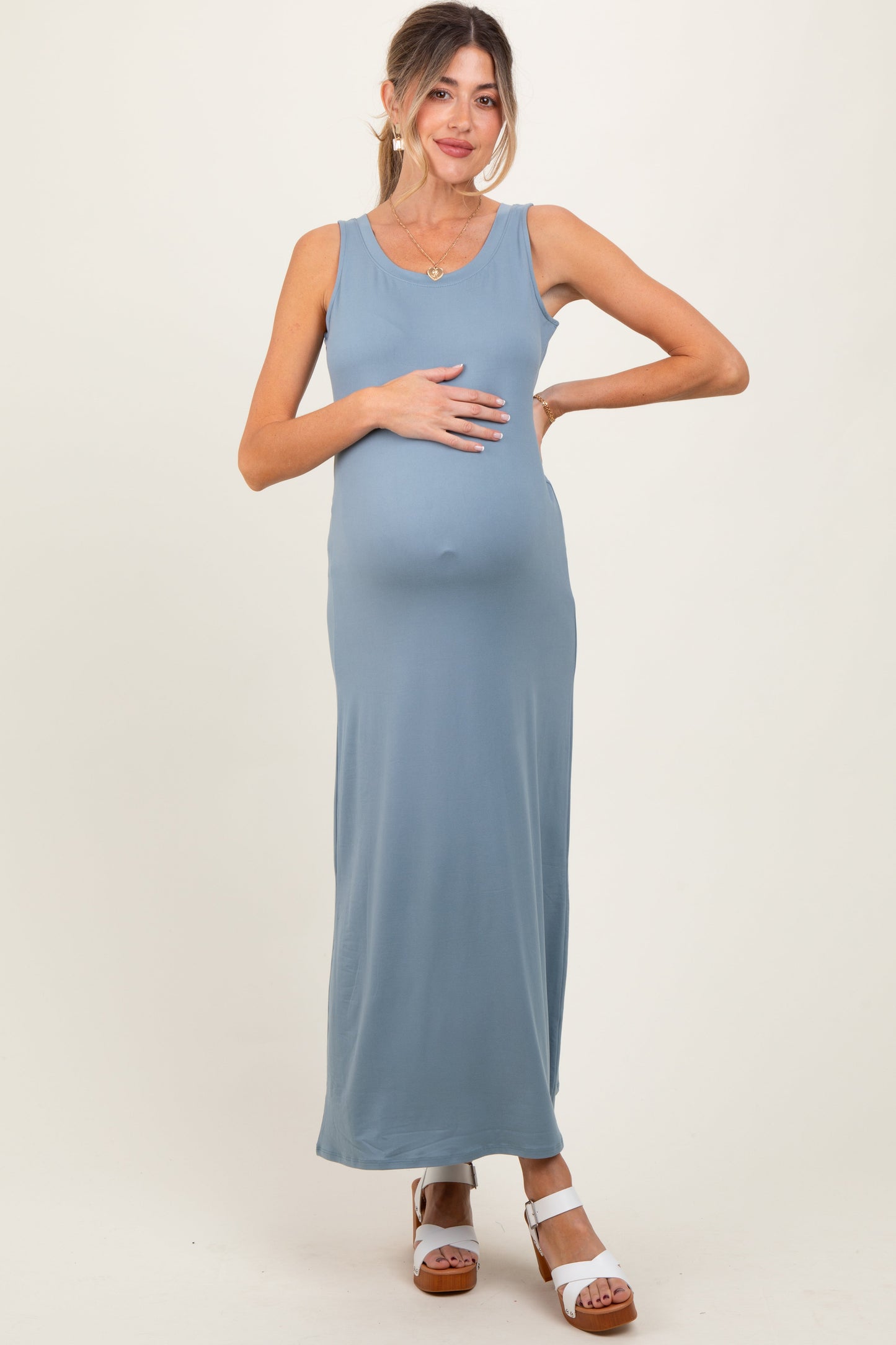 Light Blue Sleeveless Flared Scoop Neck Maternity Maxi Dress