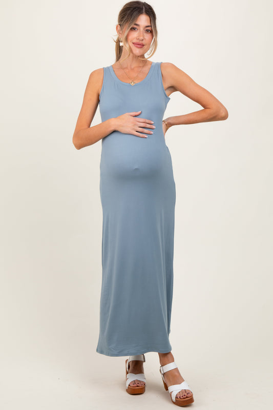 Light Blue Sleeveless Flared Scoop Neck Maternity Maxi Dress