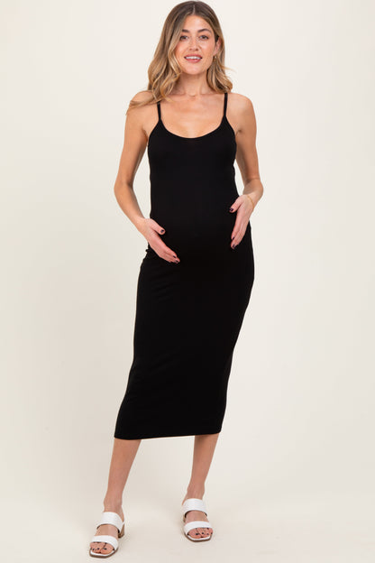 Black Ribbed Bodycon Maternity Midi Dress