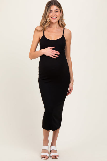 Black Ribbed Bodycon Maternity Midi Dress