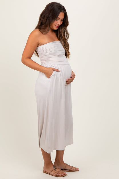 Beige Double Layered Strapless Tube Top Maternity Jumpsuit