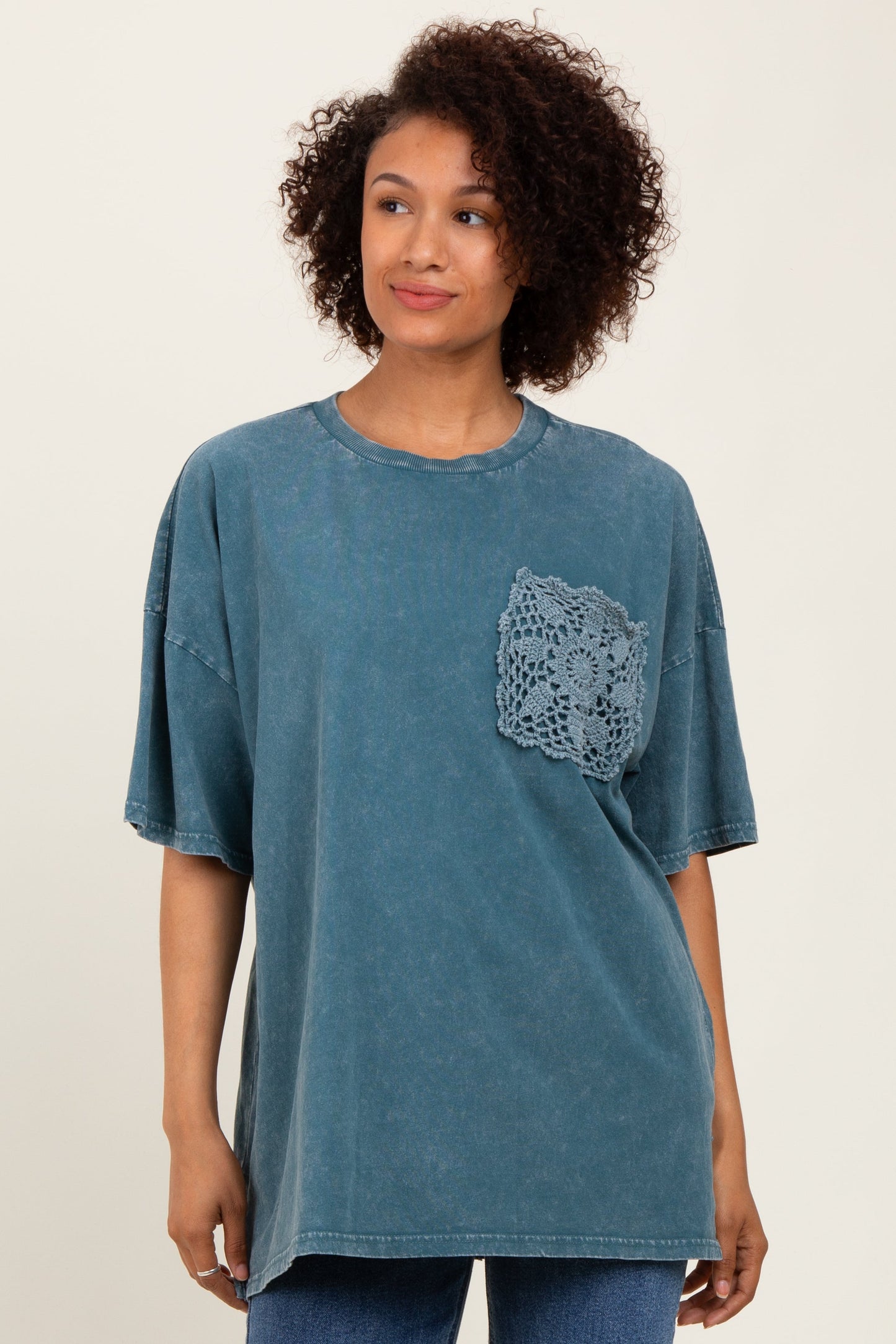 Deep Teal Mineral Wash Crochet Pocket Maternity Top