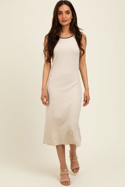 Beige Ribbed Knit Embroidered Maternity Midi Dress