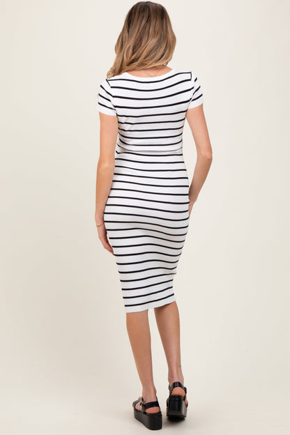 White Striped Ribbed Henley Fitted Maternity Midi Dress