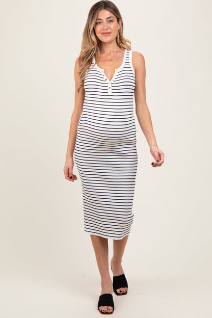 White Striped Sleeveless Fitted Maternity Midi Dress