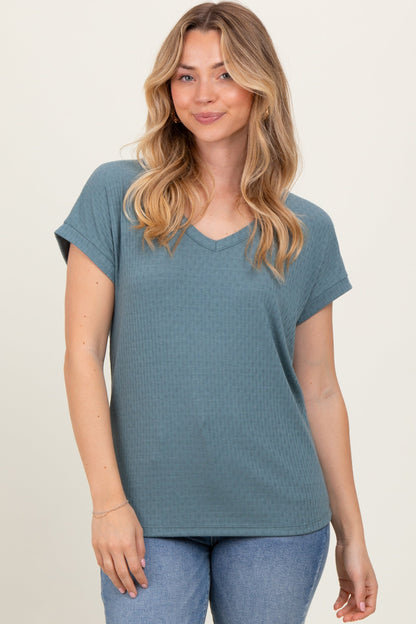 Blue V-Neck Pointelle Knit Maternity Top
