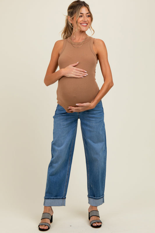 Navy Rolled Cuffed Barrel Leg Maternity Jeans