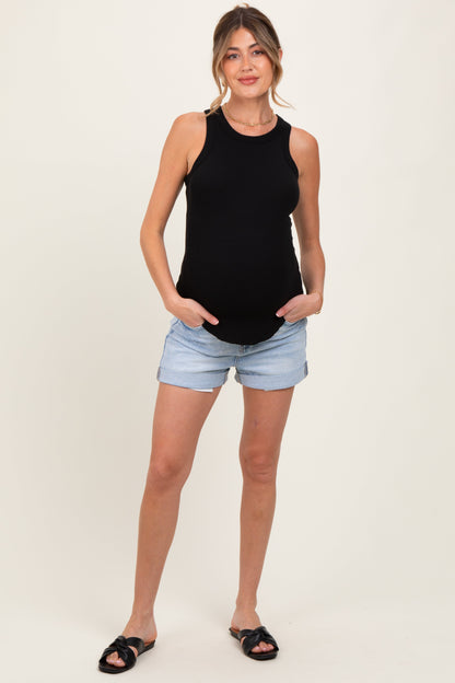 Light Blue Distressed Rolled Cuff Maternity Jean Shorts