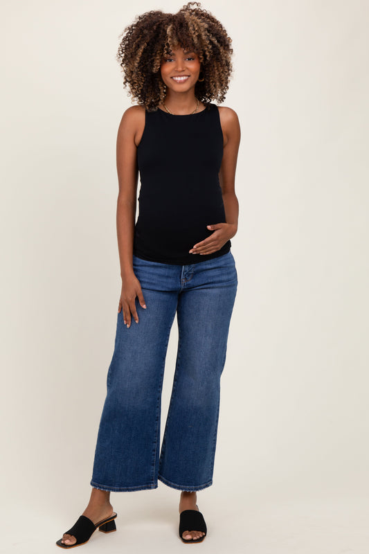 Navy Cropped Wide Leg Maternity Jeans