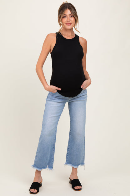 Light Blue Fringe Hem Cropped Straight Leg Maternity Jeans