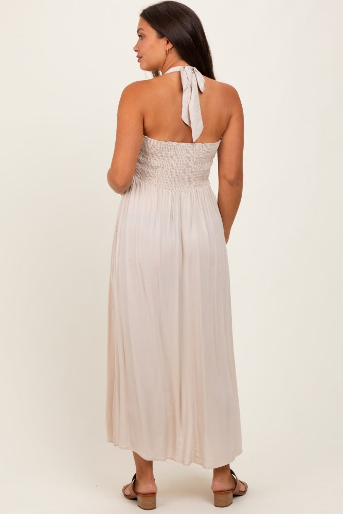 Cream Halter Neck Side Slit Maternity Midi Dress