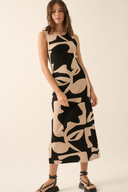 Black Abstract Print Knit Sleeveless Maternity Midi Dress