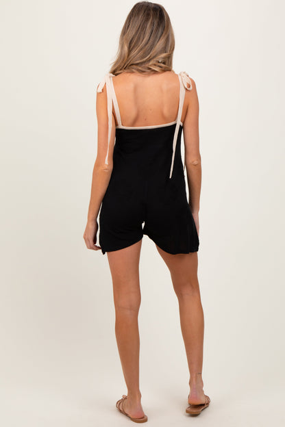 Black Floral Jacquard Knit Shoulder Tie Maternity Romper
