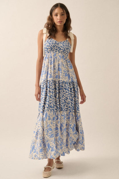 Blue Leaf Print Smocked Shoulder Tie Tiered Maternity Maxi Dress