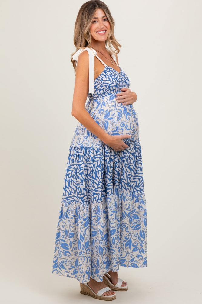 Blue Leaf Print Smocked Shoulder Tie Tiered Maternity Maxi Dress
