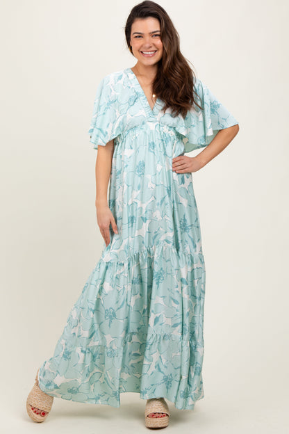 Sage Floral Short Sleeve Deep V-Neck Tiered Maternity Maxi Dress