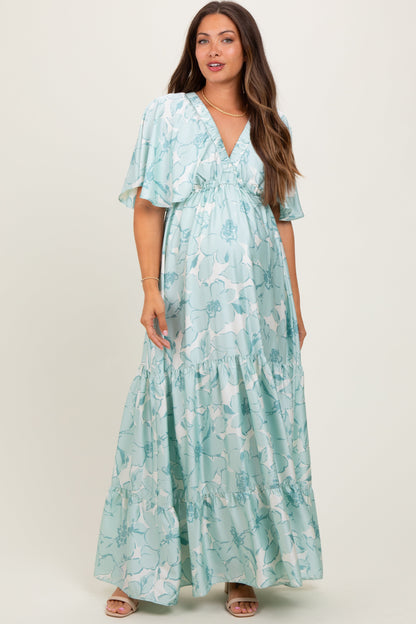 Sage Floral Short Sleeve Deep V-Neck Tiered Maternity Maxi Dress
