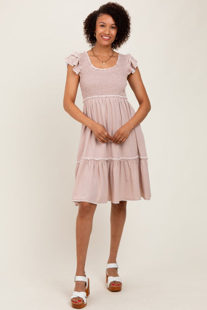 Taupe Solid Ruffle Trim Smocked Maternity Dress