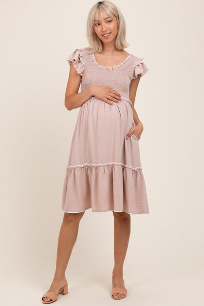 Taupe Solid Ruffle Trim Smocked Maternity Dress