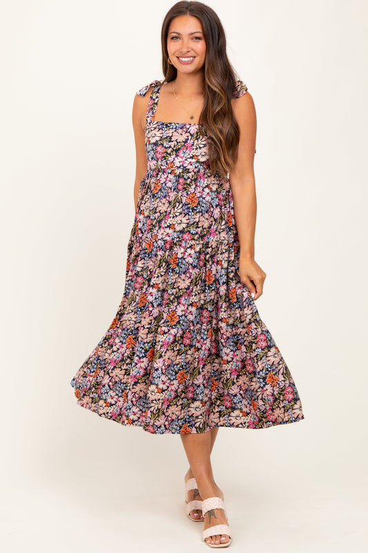 Navy Floral Shoulder Tie Maternity Midi Dress