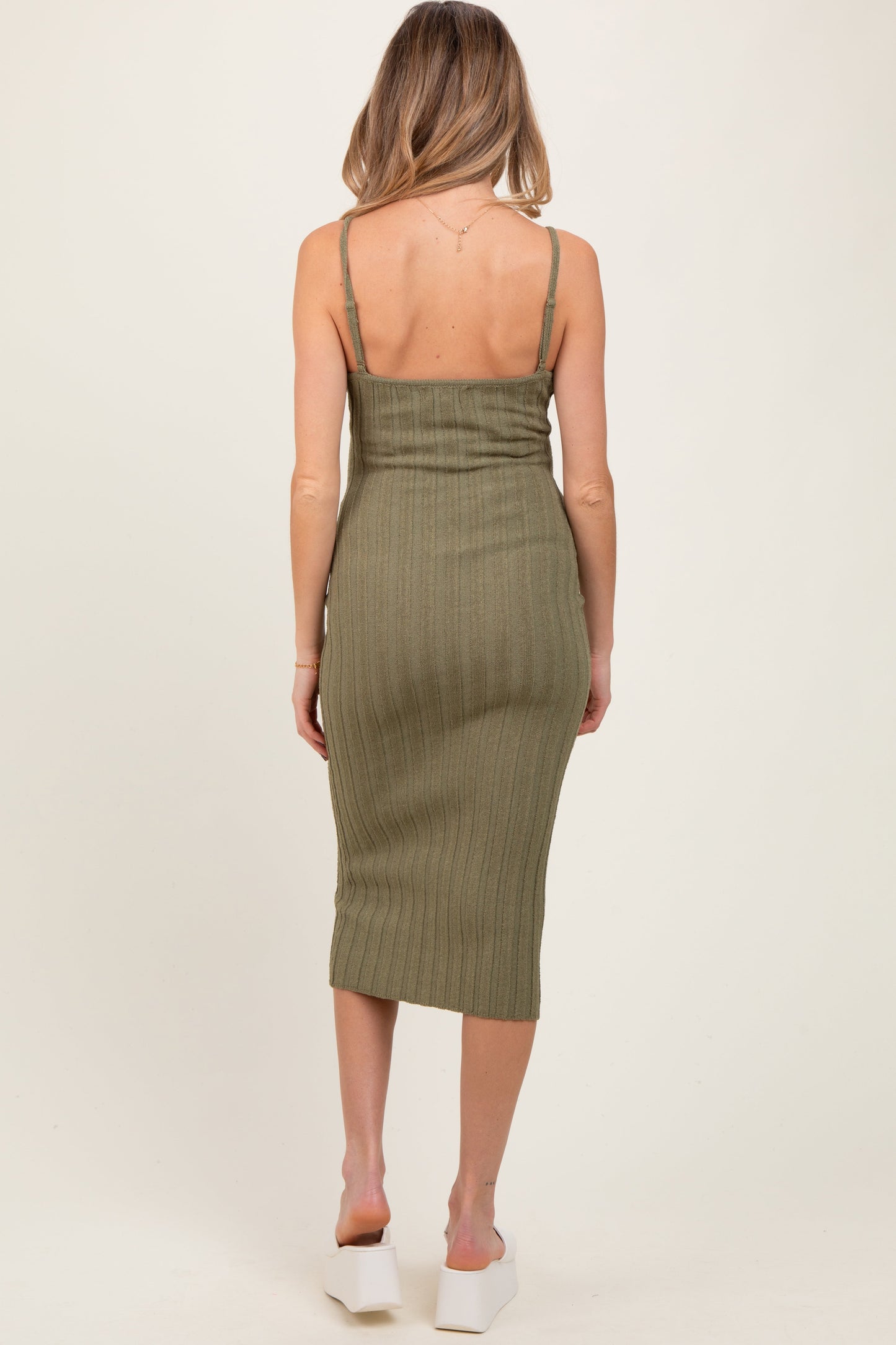 Olive Sleeveless Button Accent Knit Maternity Midi Dress