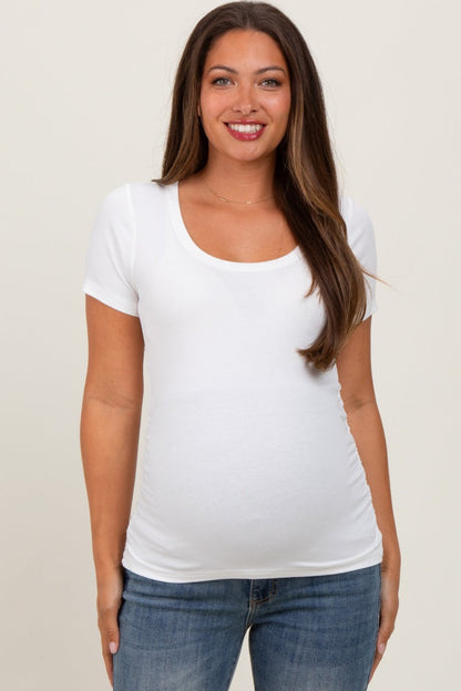 White Ribbed Scoop Neck Short Sleeve Maternity Top