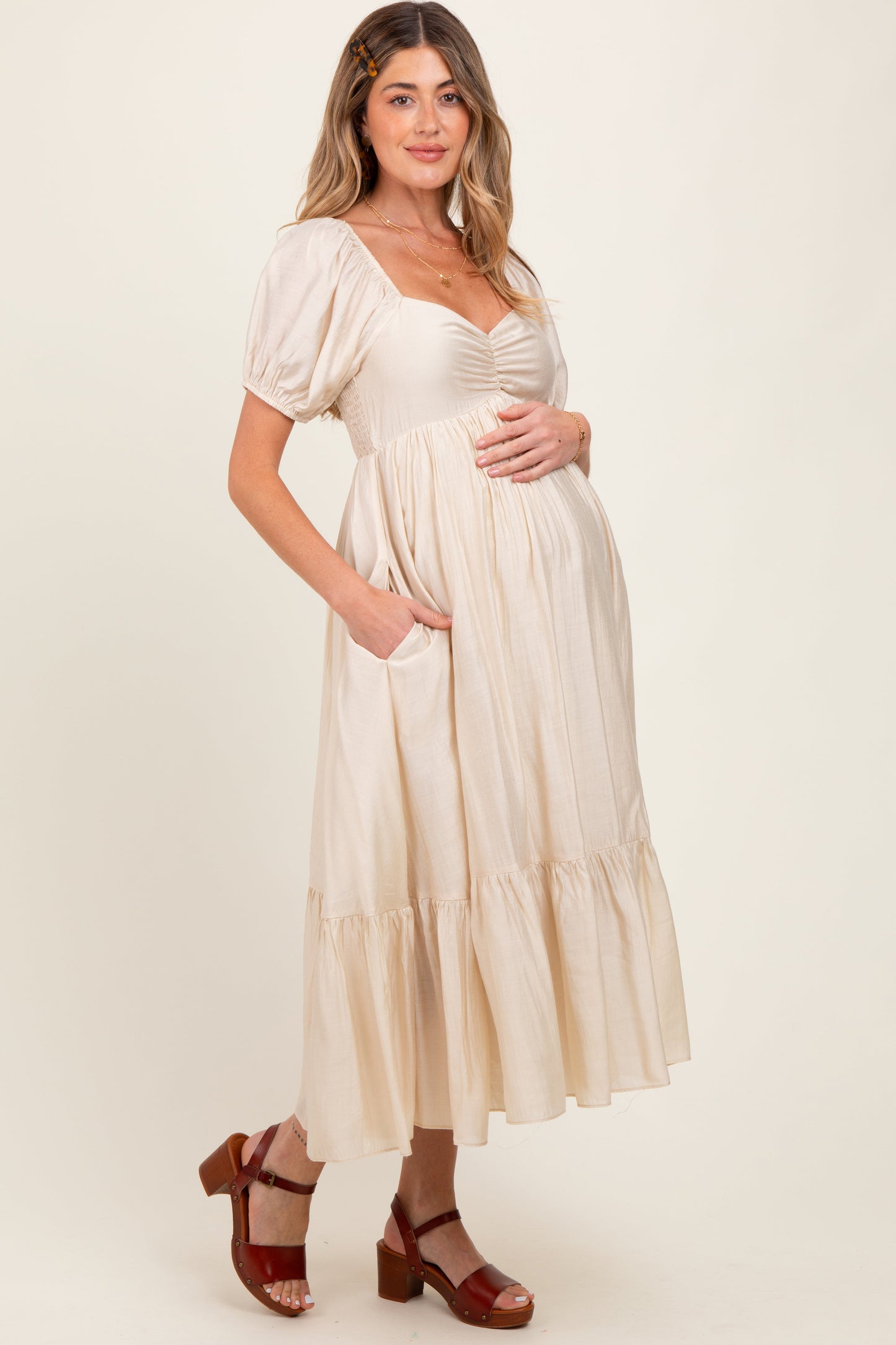 Cream Ruched Sweetheart Neck Tiered Maternity Midi Dress