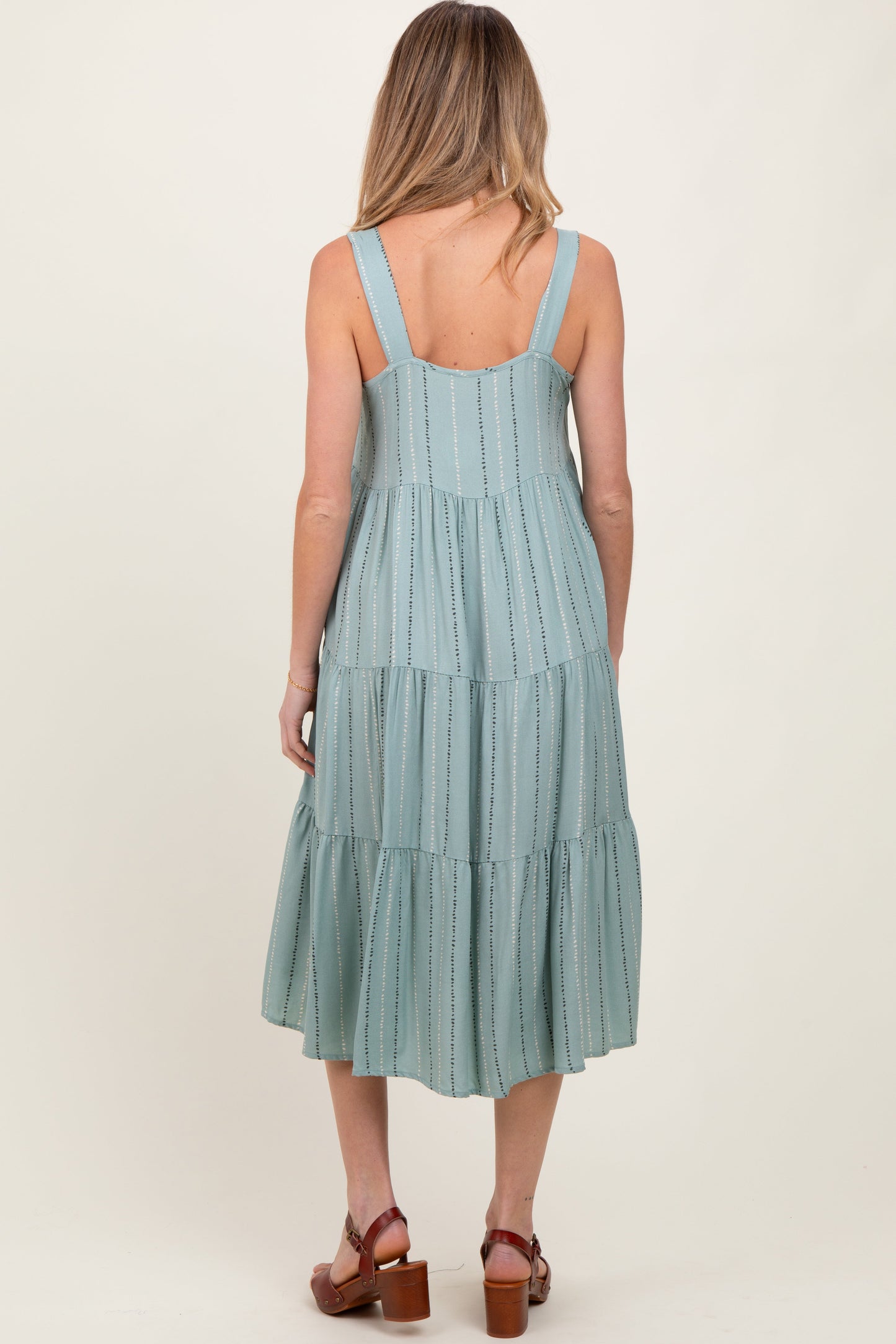 Light Olive Dot Stripe Tiered Maternity Midi Dress