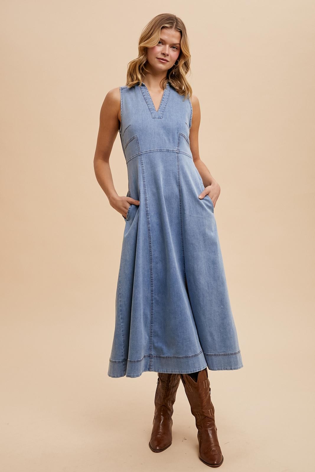 Blue Medium Wash Collared Denim Flare Maternity Midi Dress