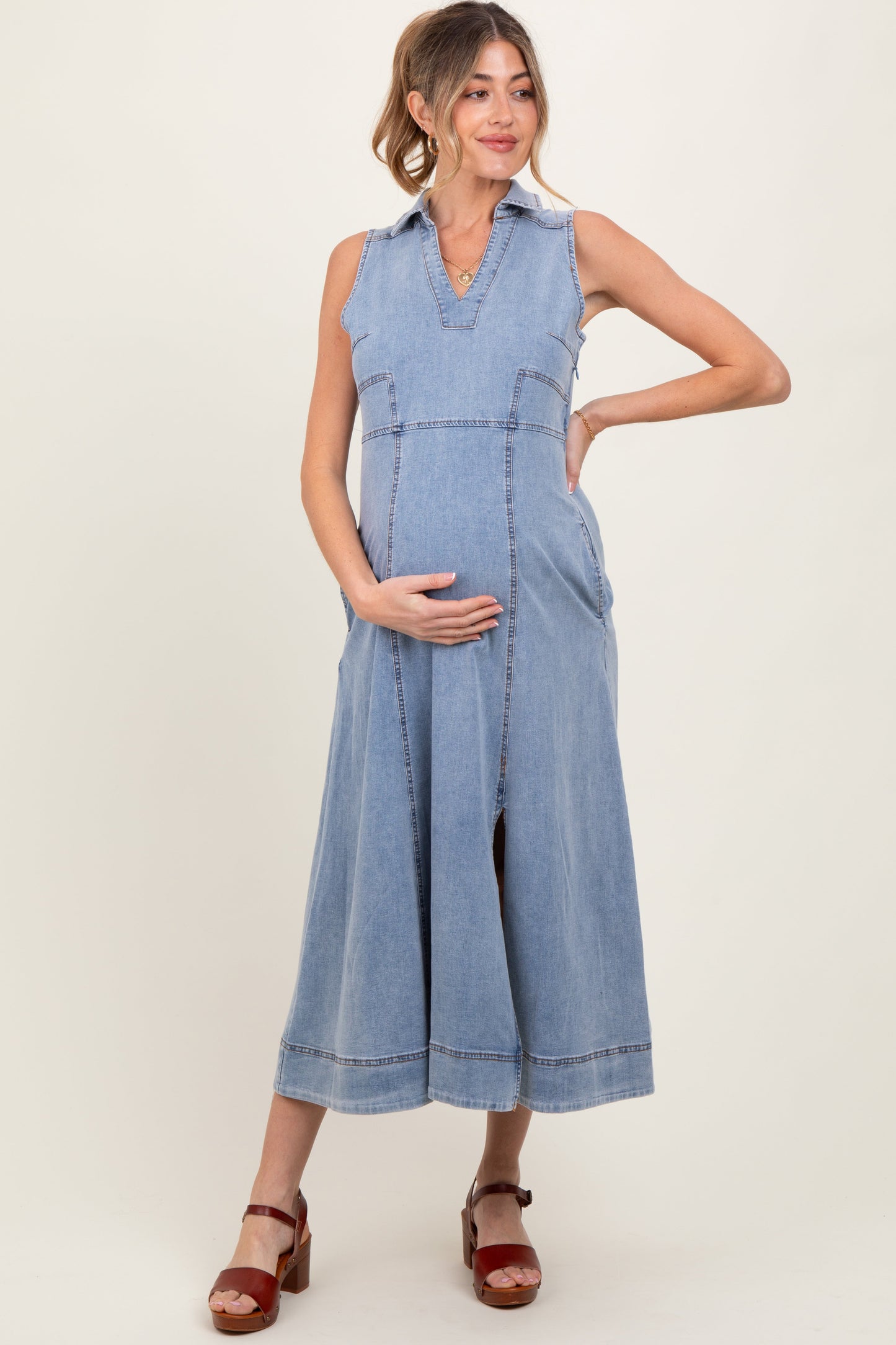 Blue Medium Wash Collared Denim Flare Maternity Midi Dress