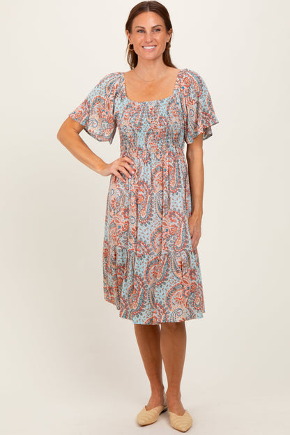 Light Blue Paisley Floral Smocked Maternity Midi Dress
