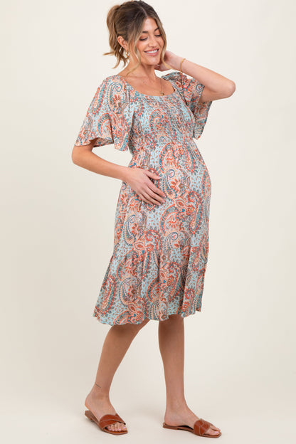 Light Blue Paisley Floral Smocked Maternity Midi Dress