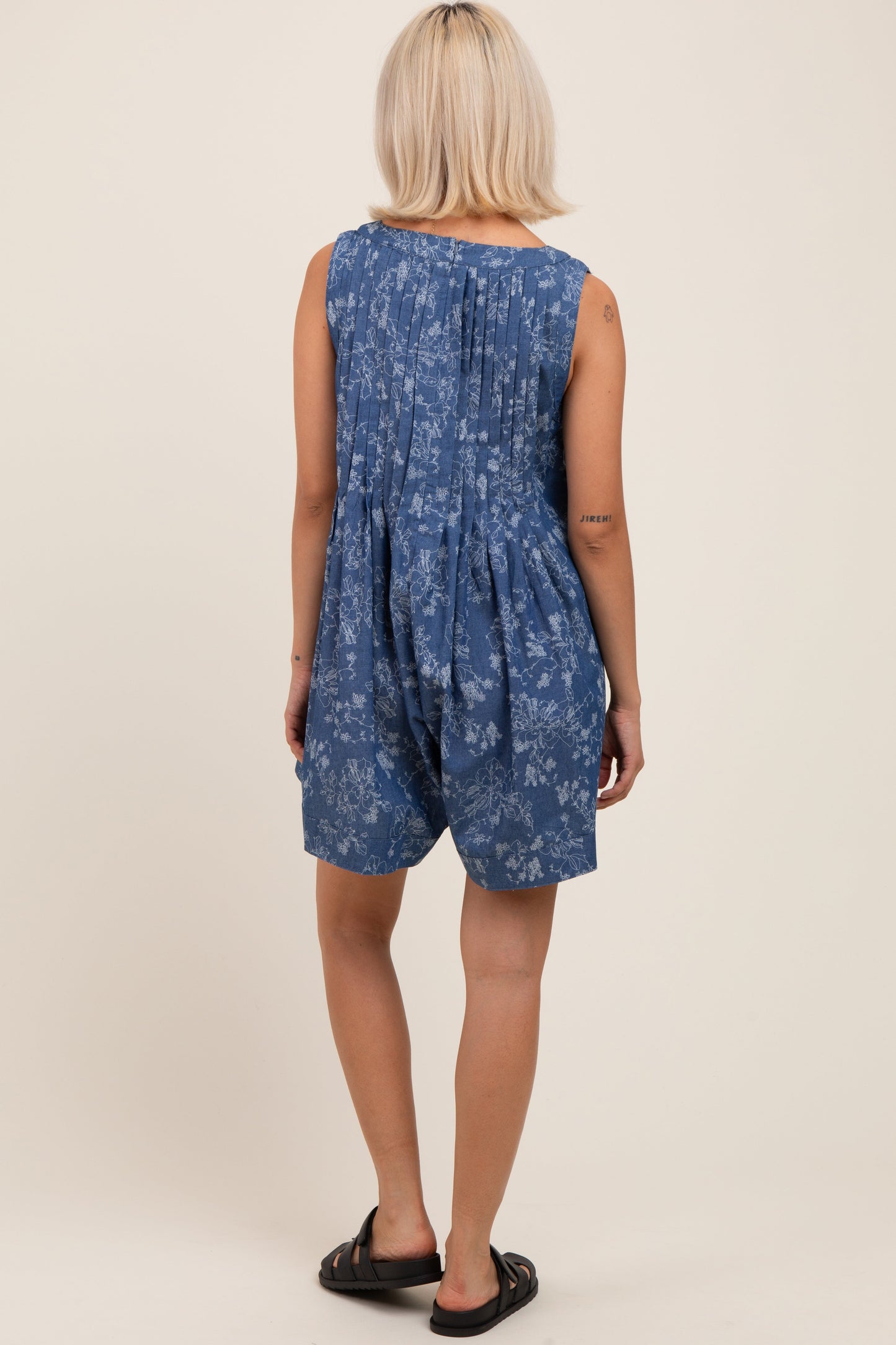 Navy Blue Floral Chambray Pleat Front Maternity Romper